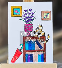 Calico Cat with Red Umbrella collectable art card