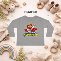 Image 3 of "Toddler Long Sleeve Tee — "Jesus Is My Superhero" Cartoon Faith Shirt"