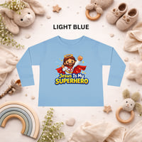 Image 4 of "Toddler Long Sleeve Tee — "Jesus Is My Superhero" Cartoon Faith Shirt"