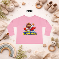 Image 2 of "Toddler Long Sleeve Tee — "Jesus Is My Superhero" Cartoon Faith Shirt"