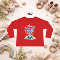 Image 4 of Faith Cross Toddler Long Sleeve Tee — Rainbow & Clouds Religious Kids Shirt