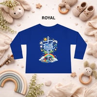 Image 6 of Faith Cross Toddler Long Sleeve Tee — Rainbow & Clouds Religious Kids Shirt