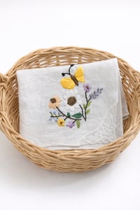 Image 1 of Butterfly Embroidered Handkerchief – Botanical Floral Hanky, Handmade Soft Cotton (11" x 11").