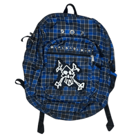 Image 1 of blue and black plaid backpack 