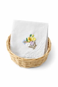 Image 1 of Blossom Basket – Floral Embroidered Handkerchief with Lace – 11"x11" Soft Cotton