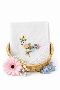 Image 2 of Petal Whimsy – Handmade Cotton Embroidered Handkerchief with Lace-Soft Cotton (11" x 11")