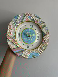 Image 2 of 9" Ethereal Bloom Hand-Painted Upcycled Ceramic Clock – Gold-Embossed Pastel Mandala Wall Art