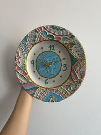 Image 3 of 9" Ethereal Bloom Hand-Painted Upcycled Ceramic Clock – Gold-Embossed Pastel Mandala Wall Art
