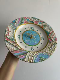 Image 4 of 9" Ethereal Bloom Hand-Painted Upcycled Ceramic Clock – Gold-Embossed Pastel Mandala Wall Art