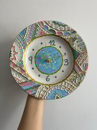 Image 1 of 9" Ethereal Bloom Hand-Painted Upcycled Ceramic Clock – Gold-Embossed Pastel Mandala Wall Art