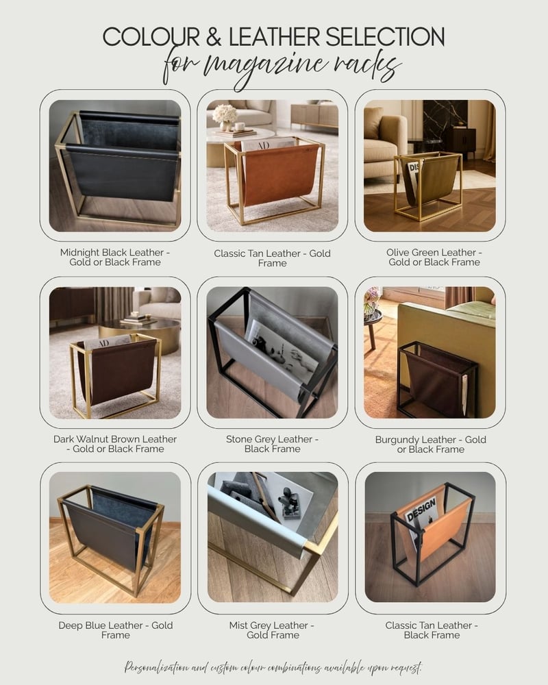 Image of Magazine & Newspaper Holder - Stone Grey Leather & Gold or Black Frame 