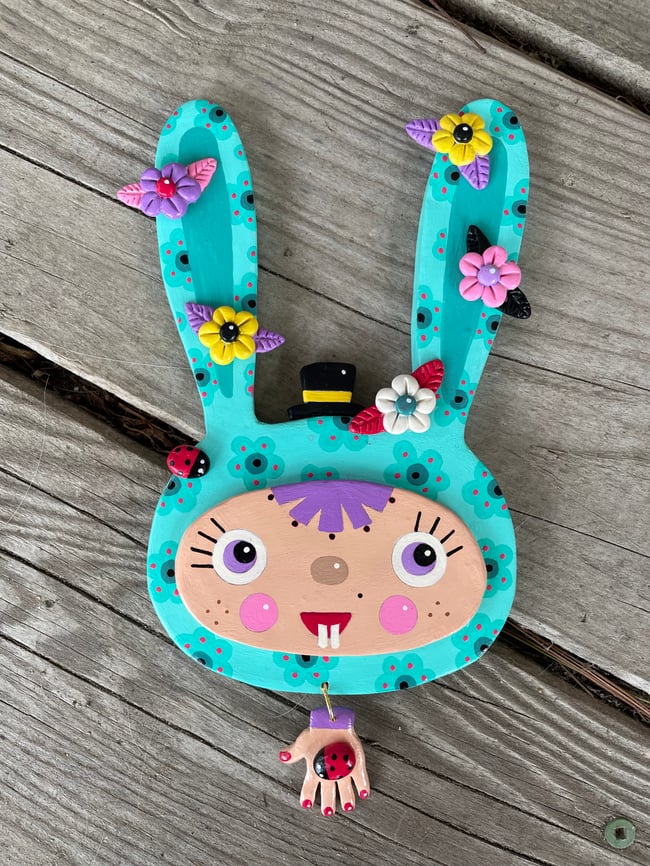 Hoppity Hop Lucky Rabbits series - Turquoise 4.5" x 8" clay sculpture