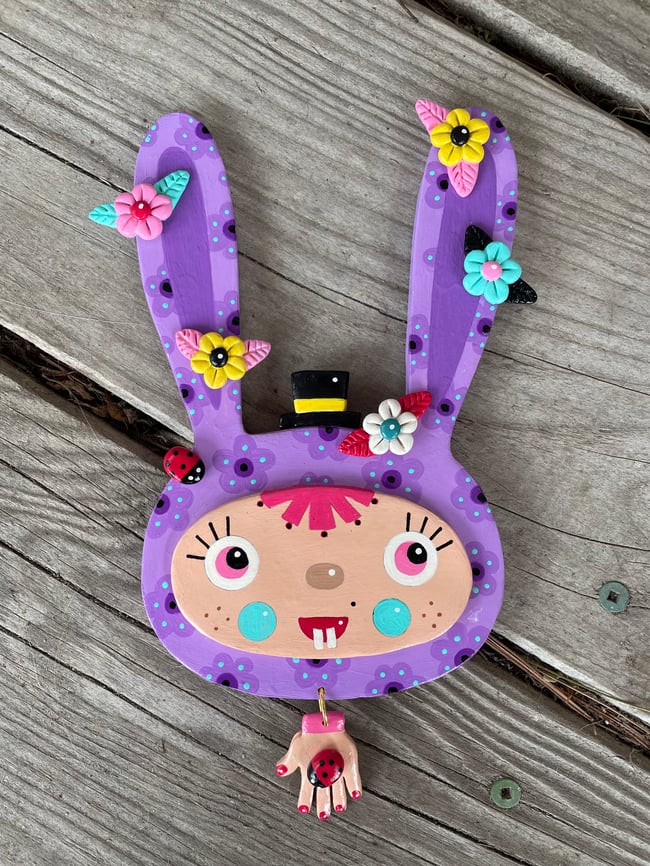 Hoppity Hop Lucky Rabbits series - Lilac 4.5" x 8" clay sculpture