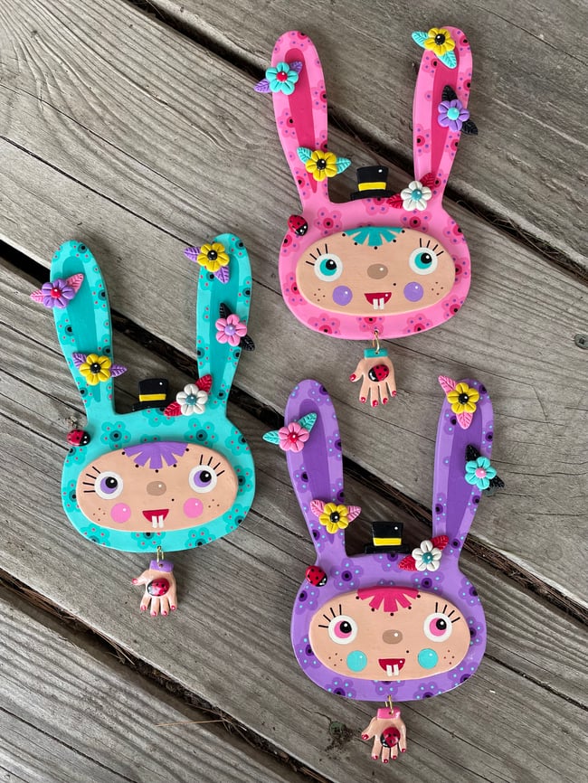 Hoppity Hop Lucky Rabbits series - Lilac 4.5" x 8" clay sculpture