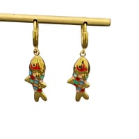 Image 2 of Colored Enamel Fish 18K Golden Huggie Earrings