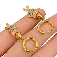 Image 1 of Colored Enamel Fish 18K Golden Huggie Earrings