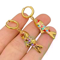 Image 3 of Colored Enamel Fish 18K Golden Huggie Earrings