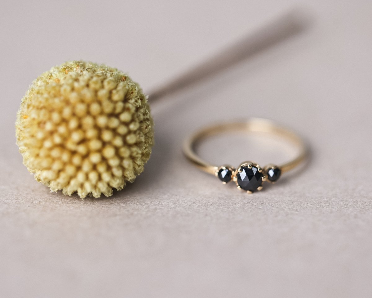 Image of *SALE - was £2450* 18ct yellow gold, Rose-cut black diamond trilogy ring (LON197)