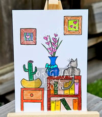 Gray Tabby with Cacti collectable art card
