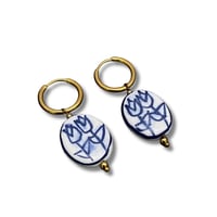 Image 2 of Flower Pattern Ceramic 18K Gold Huggie Earrings