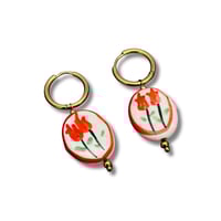 Image 3 of Flower Pattern Ceramic 18K Gold Huggie Earrings