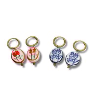 Image 1 of Flower Pattern Ceramic 18K Gold Huggie Earrings