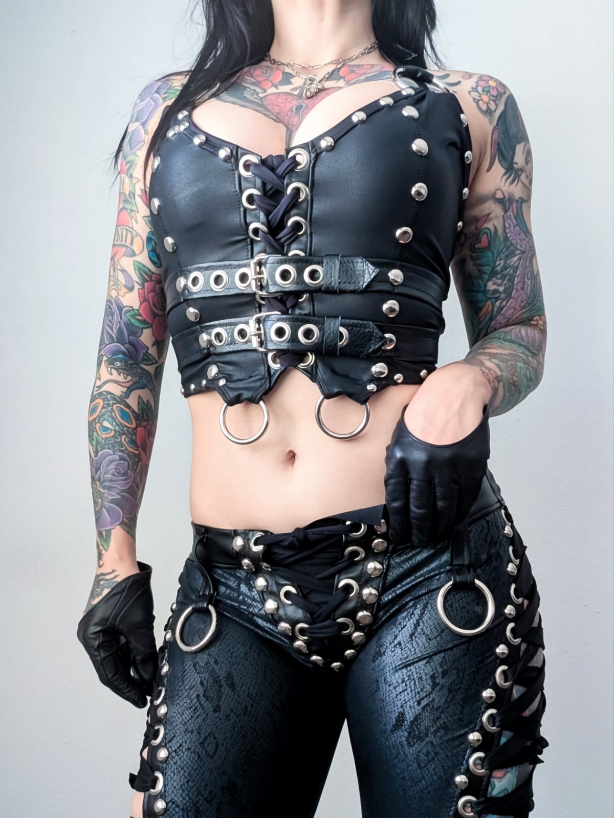 Black Leather Buckle Vest Top