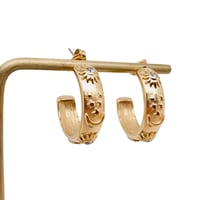 Image 1 of Embossed Star Moon Sun 18K Gold Plated Hoop Earrings
