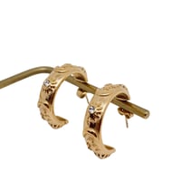 Image 2 of Embossed Star Moon Sun 18K Gold Plated Hoop Earrings