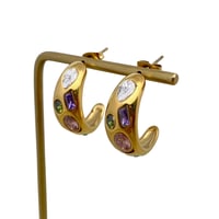 Image 1 of Inlaid Colored Cz 18K Gold Plated C-Shaped Earrings