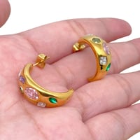 Image 2 of Inlaid Colored Cz 18K Gold Plated C-Shaped Earrings
