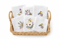Image 1 of Handcrafted floral embroidered hankies in a set of 5, made from soft 11" x 11" cotton