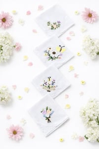 Image 2 of Handcrafted floral embroidered hankies in a set of 5, made from soft 11" x 11" cotton