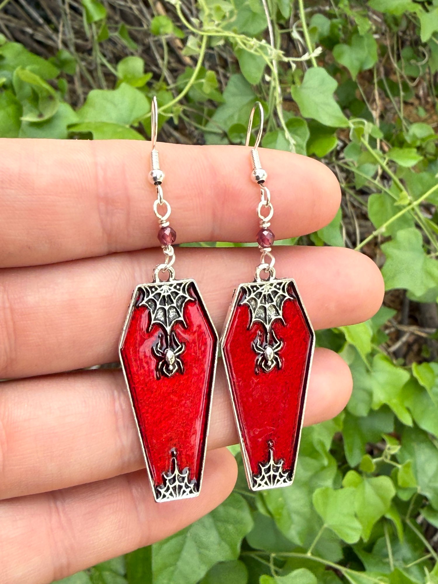 Red Enameled Coffin Earrings with Garnet