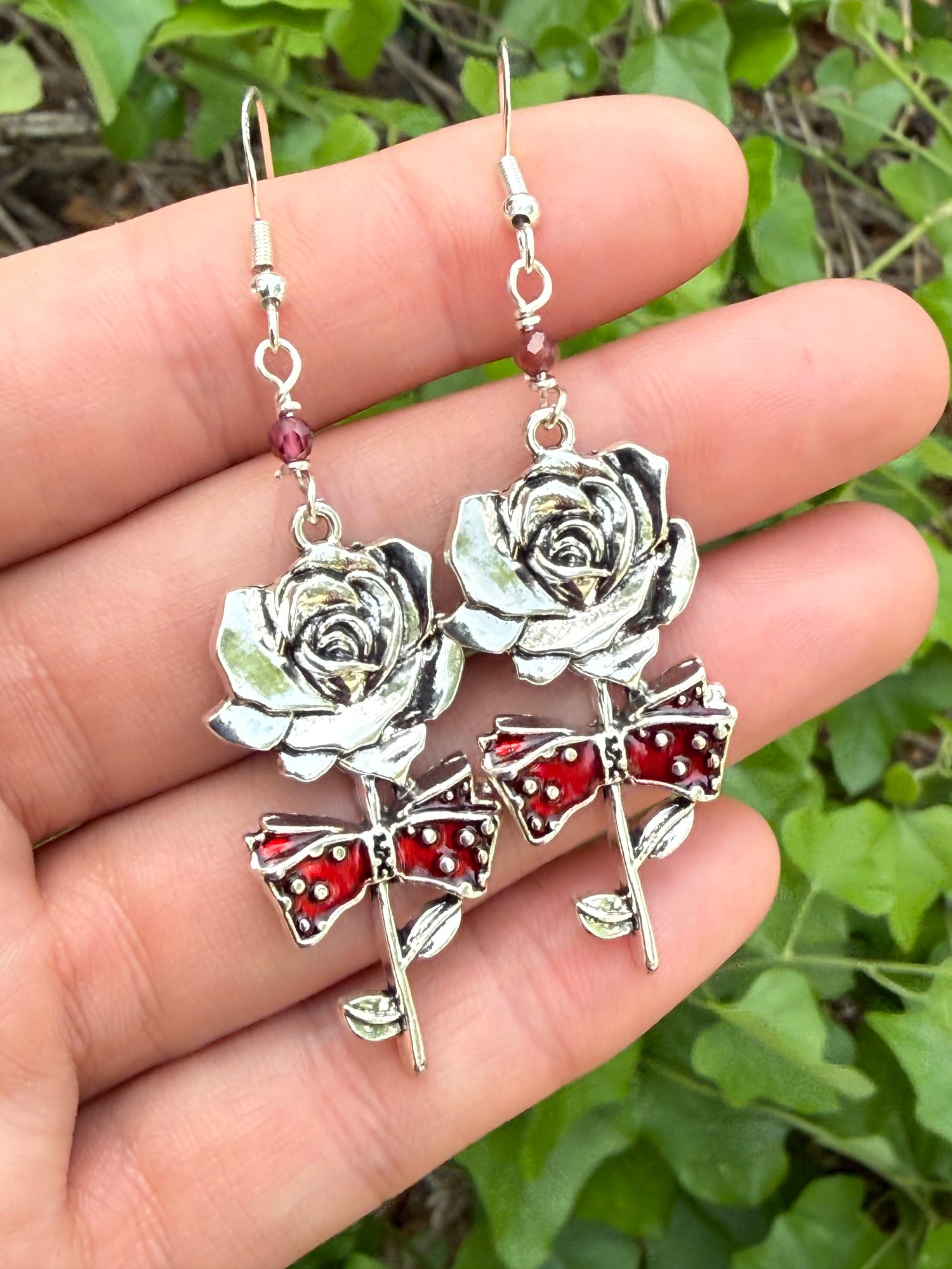 Large Rose Earrings with Garnet