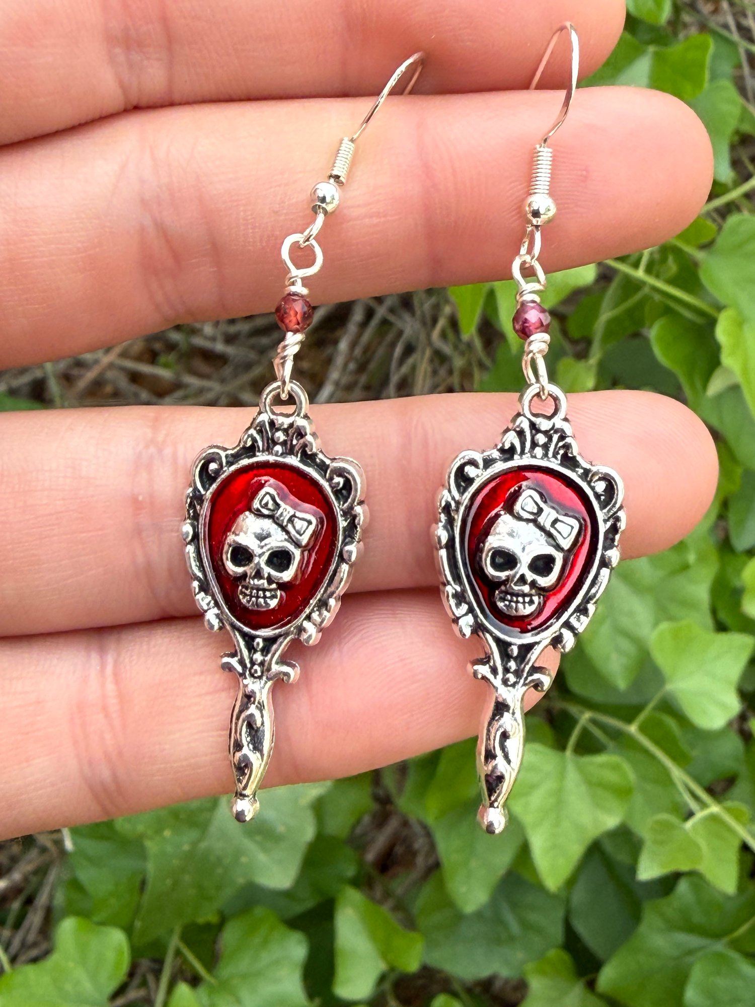 Gothic Mirror Earrings with Garnet