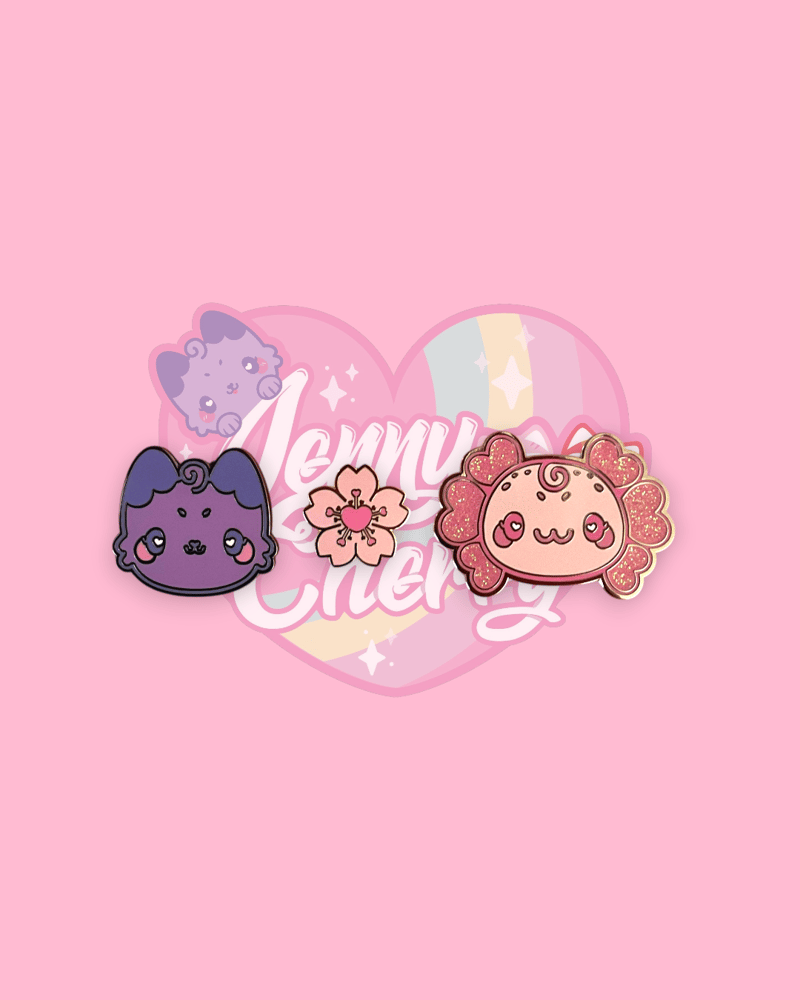 Image of Chubby Cat, Tito the Axolot & Sakura enamel pins