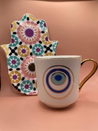 Image 2 of The R’homan Ritual |Ceramic Tea Mug + Saucer Set | Evil Eye x Hamsa Edition