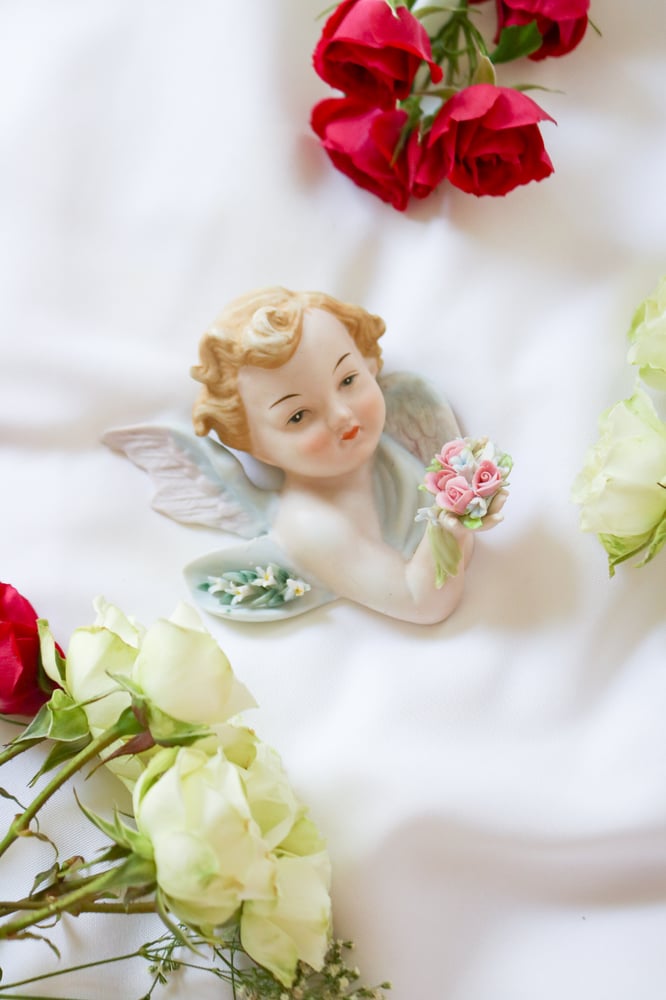 Image of Vintage 1960s Lefton Hand Painted Porcelain Wall-Mounted Cherub