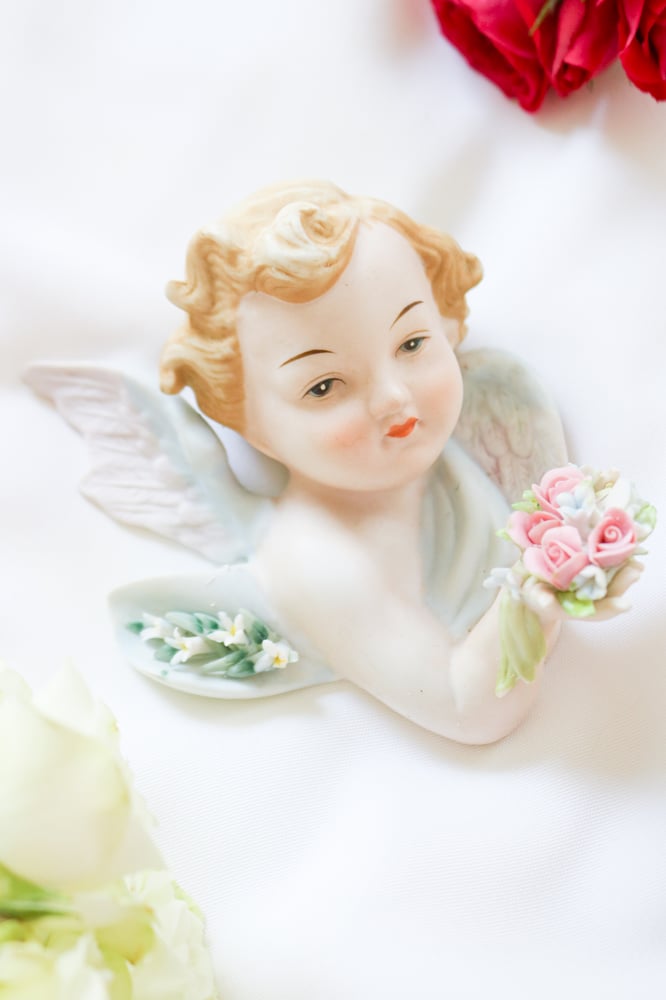 Image of Vintage 1960s Lefton Hand Painted Porcelain Wall-Mounted Cherub