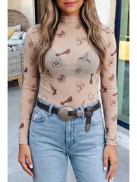 Image 1 of Western Print Mock Neck Mesh Slimlong Sleeve 