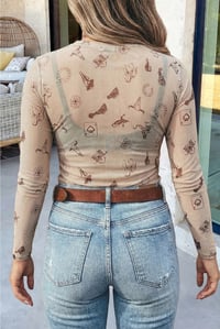 Image 2 of Western Print Mock Neck Mesh Slimlong Sleeve 
