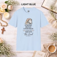 Image 3 of Faithful Lion T-Shirt — "Strong, Brave, Unshaken: A Woman Who Trusts the Lord" Christian Tee