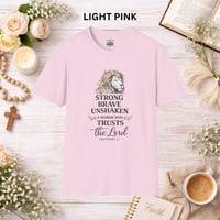 Image 4 of Faithful Lion T-Shirt — "Strong, Brave, Unshaken: A Woman Who Trusts the Lord" Christian Tee