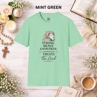 Image 6 of Faithful Lion T-Shirt — "Strong, Brave, Unshaken: A Woman Who Trusts the Lord" Christian Tee
