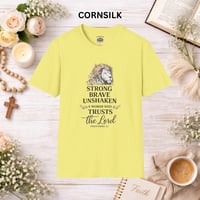 Image 7 of Faithful Lion T-Shirt — "Strong, Brave, Unshaken: A Woman Who Trusts the Lord" Christian Tee