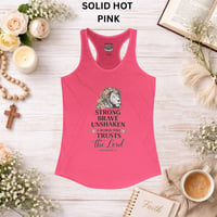 Image 7 of Faithful Lion Tank — "Strong, Brave, Unshaken: A Woman Who Trusts the Lord" Racerback Tank 