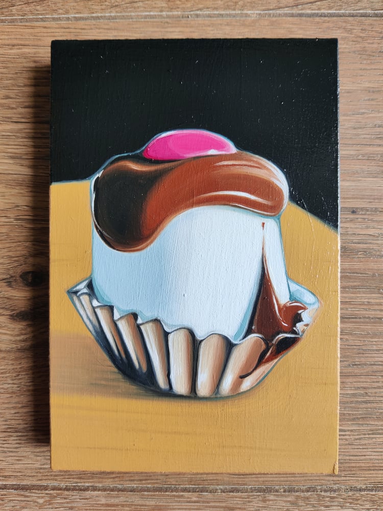 Image of 'Top Hat with Pink Smartie' Small oil on wood painting