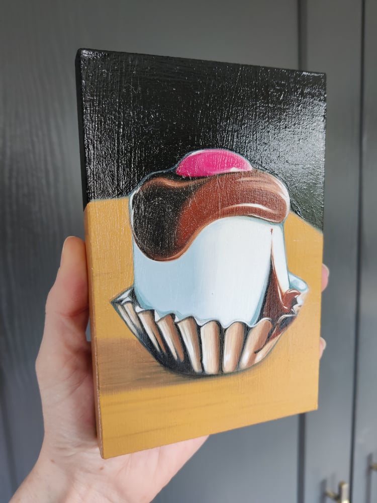 Image of 'Top Hat with Pink Smartie' Small oil on wood painting