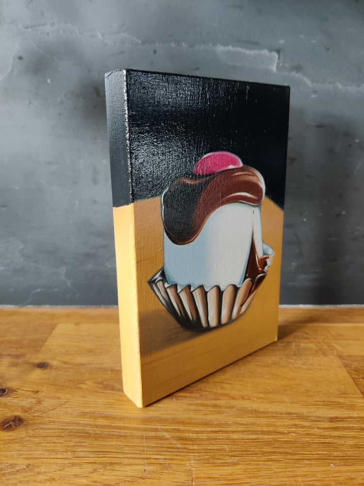 Image of 'Top Hat with Pink Smartie' Small oil on wood painting